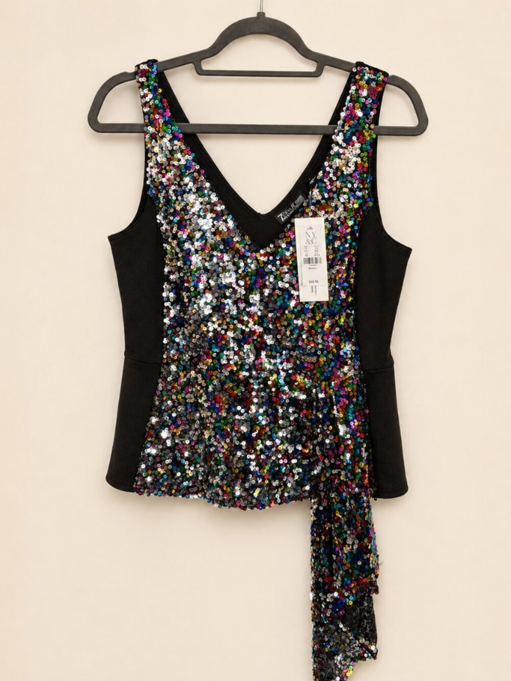 NY&C Rainbow Sequin Asymmetrical Peplum Top Black Small